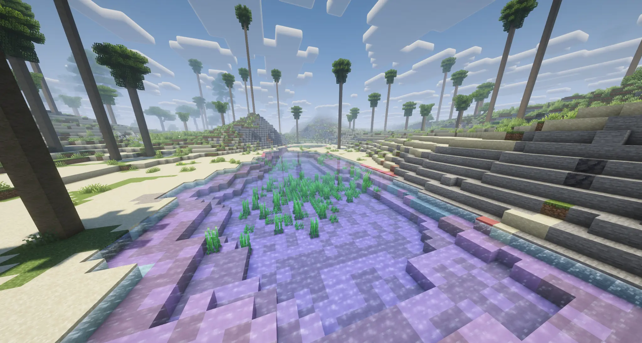 Colourful tropical valley with a purple river