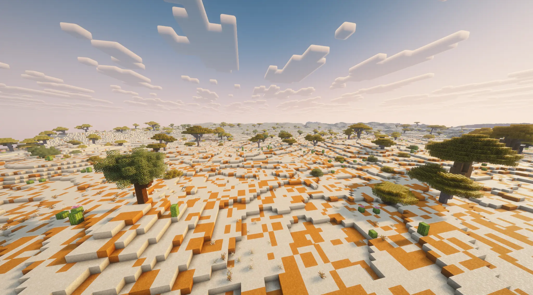 Vast orange and white drylands dotted with trees