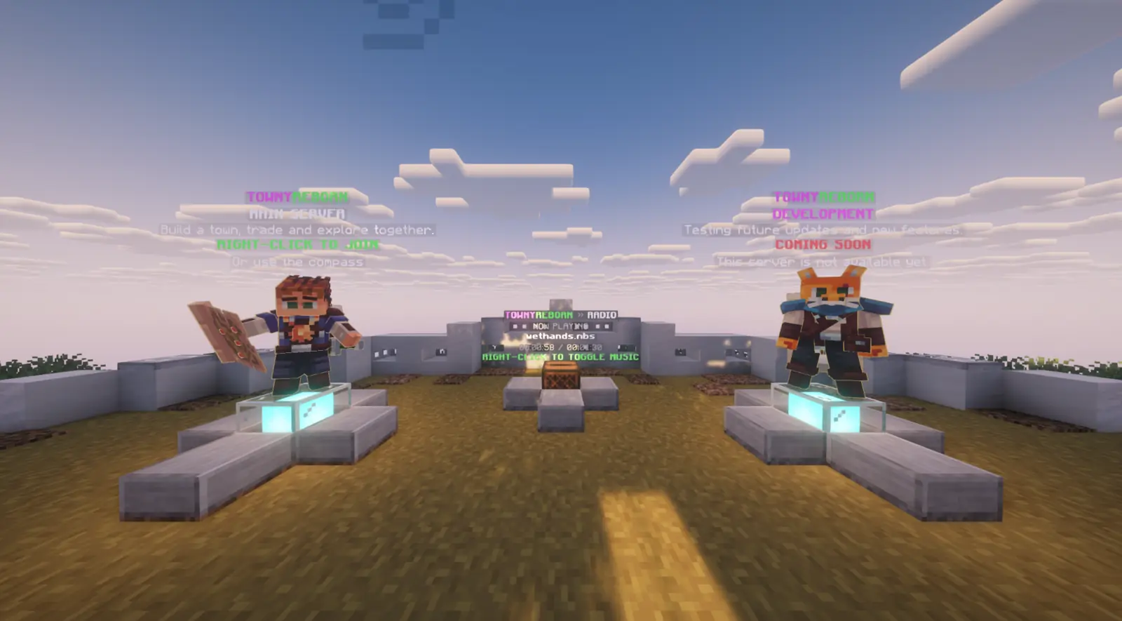 Towny Reborn hub with the main server selector, development server and radio