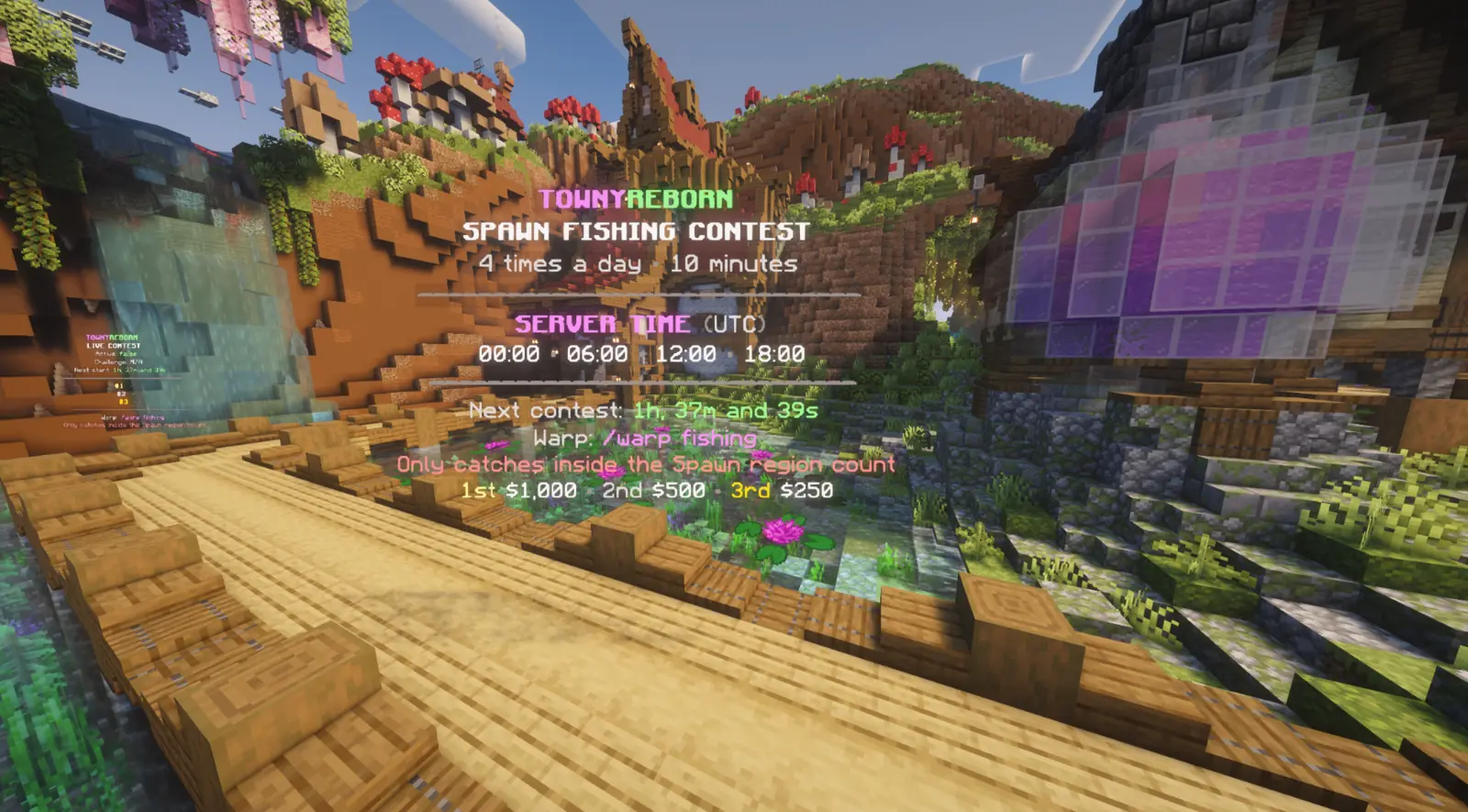 Towny Reborn spawn fishing contest board with event times and prizes