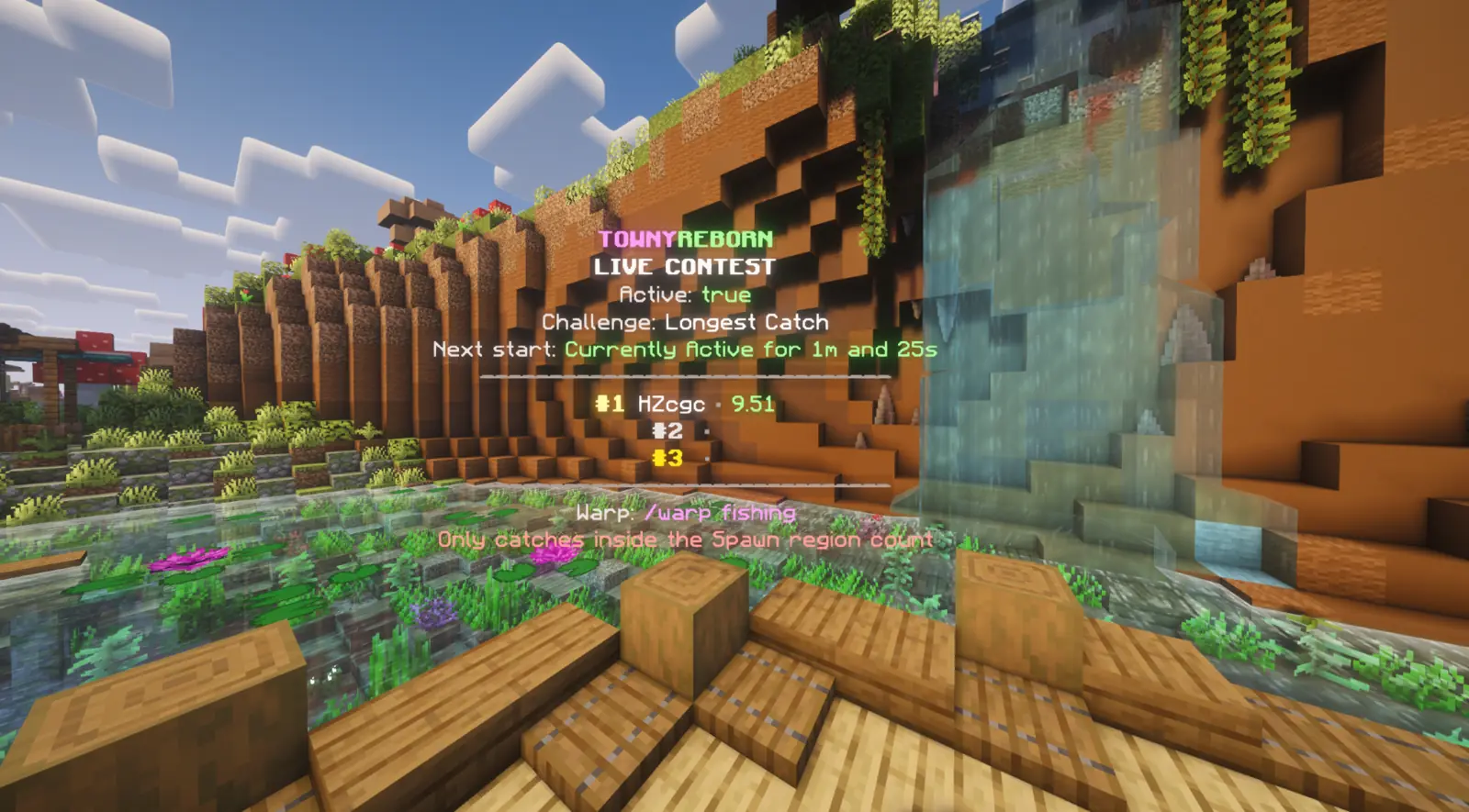 Live Towny Reborn fishing contest leaderboard at spawn