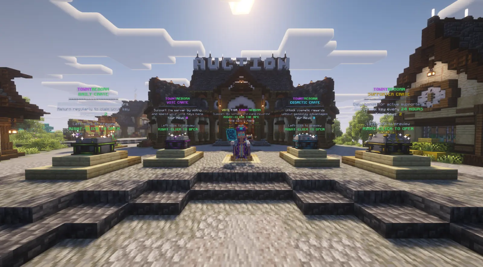 Daily, vote, cosmetic and supporter crates at Towny Reborn spawn