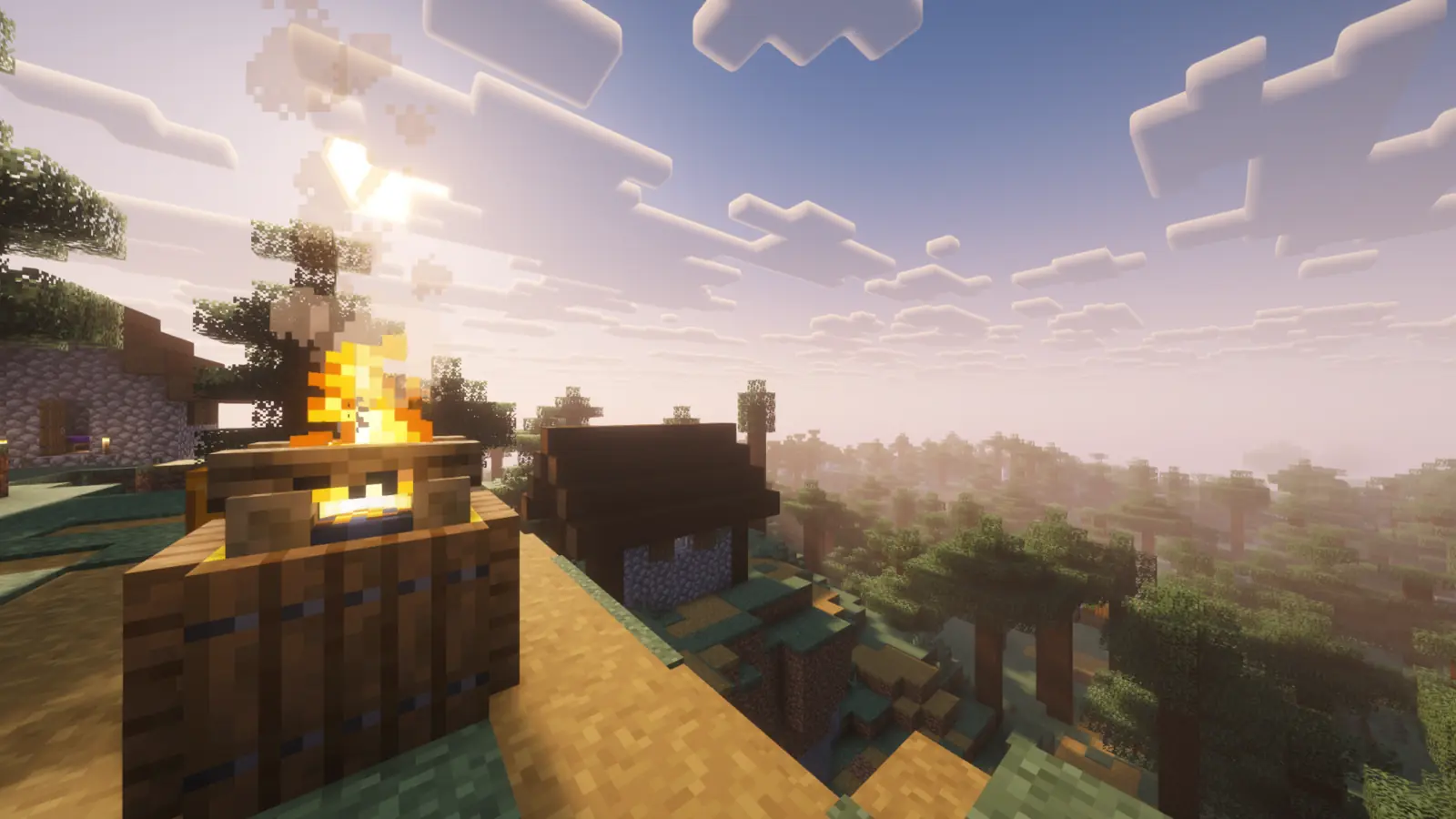 Village and forest in the Resource World Overworld